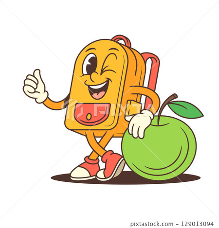 Playful Backpack Mascot Leaning on Apple with Thumbs Up and Winking Smile Vector Illustration 129013094