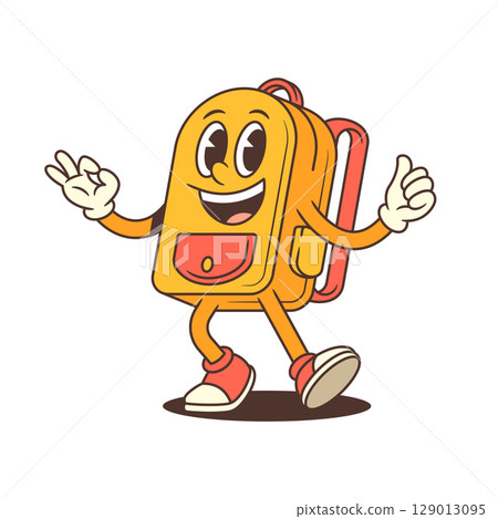 Cheerful Backpack Mascot Walking with Peace and Thumbs Up Gesture in Playful Pose Vector Illustration 129013095