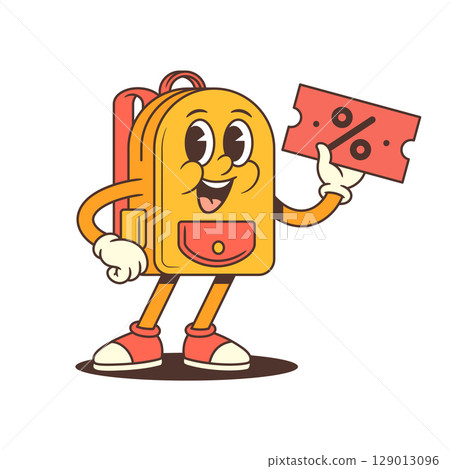Backpack Mascot Holding Discount Ticket in Confident Standing Pose for School Promo Vector Illustration 129013096