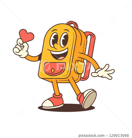 Cheerful Backpack Mascot Holding Heart with Friendly Smile Vector Illustration Cheerful Backpack Mascot Holding Heart with Friendly Smile Vector Illustration 129013098