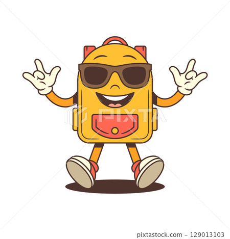 Backpack Mascot Wearing Sunglasses in Fun Celebratory Pose with Confident Smile Vector Illustration Backpack Mascot Wearing Sunglasses in Fun Celebratory Pose with Confident Smile Vector Illustration 129013103