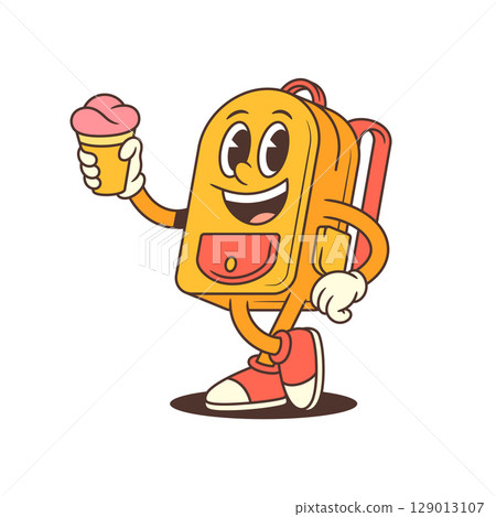 Backpack Mascot Holding Ice Cream with Happy Face and Summer Vibes Vector Illustration Backpack Mascot Holding Ice Cream with Happy Face and Summer Vibes Vector Illustration 129013107