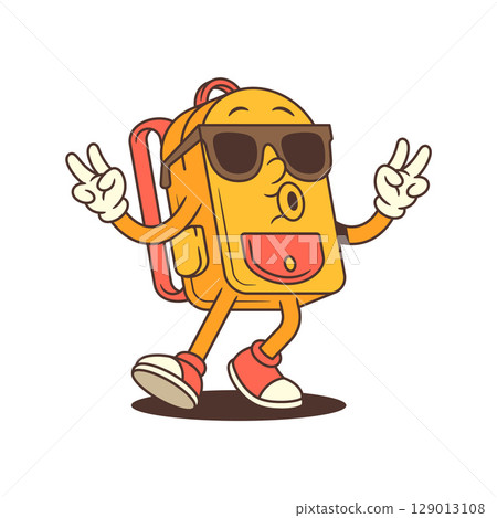 Cool Backpack Mascot Making Peace Sign with Sunglasses and Energetic Fun Expression Vector Illustration Cool Backpack Mascot Making Peace Sign with Sunglasses and Energetic Fun Expression Vector Illustration 129013108