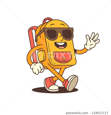 Smiling Backpack Mascot Walking with Thumbs Up Showing Positivity and Encouragement Vector Illustration 129013117