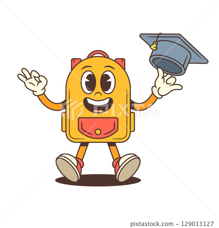 Joyful Backpack Mascot Jumping With Graduation Cap And Peace Sign Gesture Vector Illustration Joyful Backpack Mascot Jumping With Graduation Cap And Peace Sign Gesture Vector Illustration 129013127