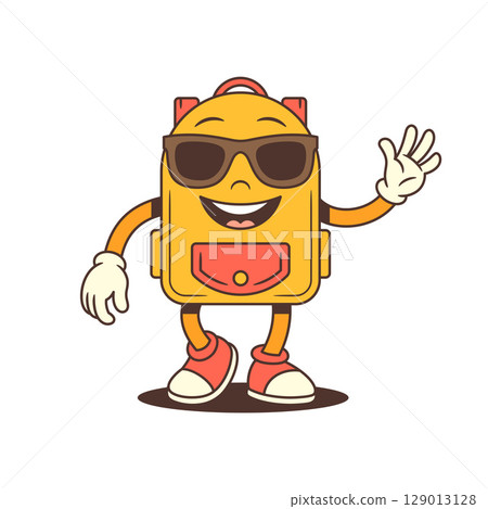 Welcoming Backpack Mascot Waving Hand And Smiling Warmly In Friendly Pose Vector Illustration Welcoming Backpack Mascot Waving Hand And Smiling Warmly In Friendly Pose Vector Illustration 129013128