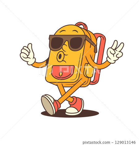 Relaxed Backpack Mascot Sitting with Peace Sign and Sunglasses Vector Illustration 129013146