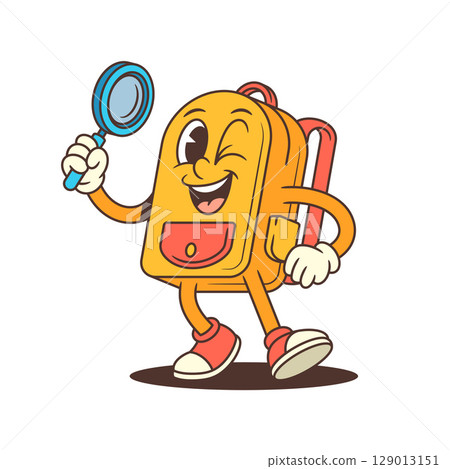 Smiling Backpack Mascot Holding Magnifying Glass in Curious Pose Vector Illustration 129013151