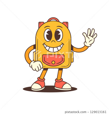 Backpack Mascot Waving Cheerfully with Welcoming Gesture and Friendly Smile Vector Illustration 129013161