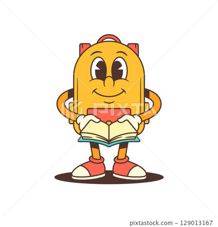 Focused Backpack Mascot Reading Open Book in Concentrated Pose Vector Illustration 129013167