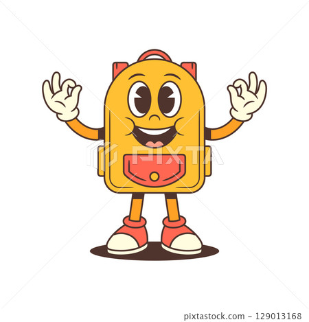 Smiling Backpack Mascot Raising Hands with Excitement and Welcoming Energy Vector Illustration Smiling Backpack Mascot Raising Hands with Excitement and Welcoming Energy Vector Illustration 129013168