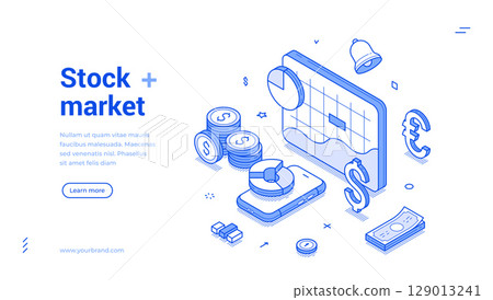 Stock market business investment analyzing outline isometric internet banner design template vector 129013241