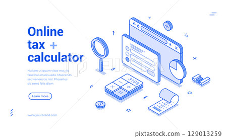 Online tax calculator accounting bookkeeping outline isometric web banner design template vector 129013259