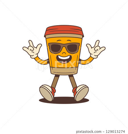 Energetic Coffee Cup Mascot Wearing Sunglasses Showing Rock On And Thumbs Up Gesture Vector Illustration 129013274
