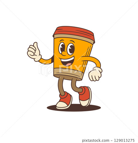 Cheerful Coffee Cup Mascot Walking With Thumbs Up And Fist Gesture Energetic Vector Illustration 129013275