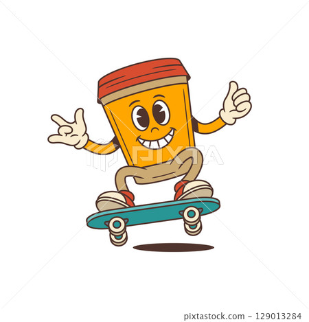 Energetic Playful Coffee Cup Mascot Riding Skateboard Showing Thumbs Up And Peace Sign Vector Illustration Energetic Playful Coffee Cup Mascot Riding Skateboard Showing Thumbs Up And Peace Sign Vector Illustration 129013284