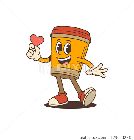 Cheerful Orange Coffee Cup Mascot Holding Heart Walking With Friendly Gesture Vector Illustration 129013288