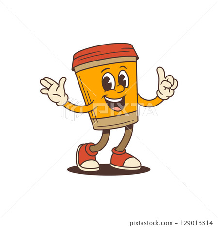 Confident Coffee Cup Mascot With Raised Finger And Welcoming Gesture In Sneakers Vector Illustration 129013314