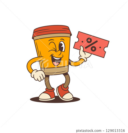 Cheerful Orange Coffee Cup Mascot Winking And Holding Discount Ticket In Sneakers Vector Illustration Cheerful Orange Coffee Cup Mascot Winking And Holding Discount Ticket In Sneakers Vector Illustration 129013316