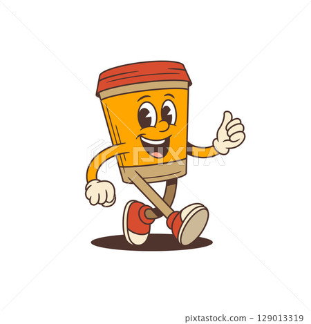 Cheerful Orange Coffee Cup Mascot Running With Thumbs Up Gesture And Energetic Pose Vector Illustration 129013319