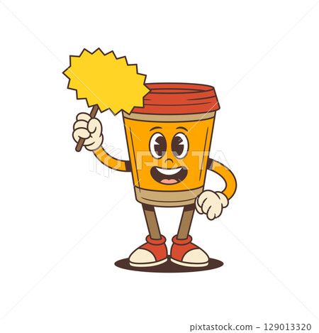Cheerful Animated Yellow Coffee Cup Mascot Holding Star Sign With Friendly Expression Vector Illustration 129013320