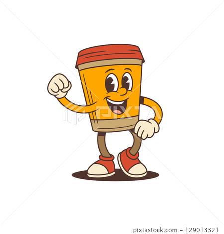 Cheerful Animated Coffee Cup Mascot With Raised Fist And Friendly Smile In Playful Energetic Pose Cheerful Animated Coffee Cup Mascot With Raised Fist And Friendly Smile In Playful Energetic Pose 129013321
