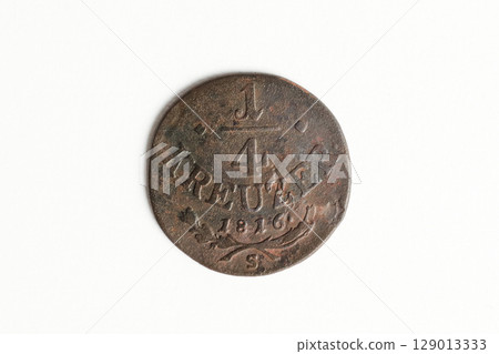 A rare vintage 1816 1 4 Kreuzer coin from Austria, featuring a detailed lion, eagle, shield, orb, and sword. Habsburg money 129013333
