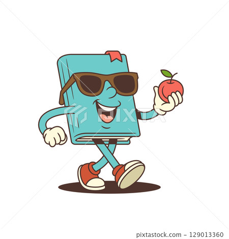 Blue Cartoon Book Mascot Wearing Sunglasses Walking With Red Apple In Hand Cheerful Vector Illustration 129013360