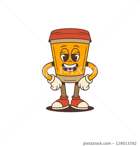 Cheerful Coffee Cup Mascot in Sneakers with Hands on Hips and Confident Smile Vector Illustration 129013392