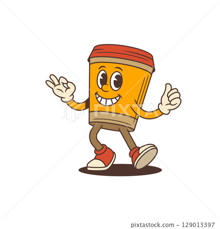 Happy Coffee Cup Mascot Dancing With OK and Thumbs Up Hand Gestures on White Vector Illustration 129013397
