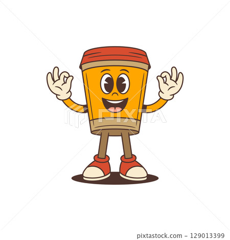 Smiling Coffee Cup Mascot With Raised Hands Showing OK Gestures Cheerful Style Vector Illustration Smiling Coffee Cup Mascot With Raised Hands Showing OK Gestures Cheerful Style Vector Illustration 129013399