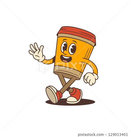 Cheerful Coffee Cup Mascot Walking With Joyful Expression And Active Pose Vector Illustration 129013401