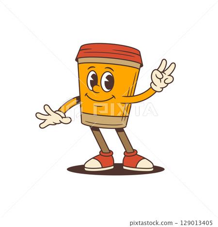 Smiling Coffee Cup Mascot With Red Lid Showing Victory Hand Sign Cheerful Character Vector Illustration Smiling Coffee Cup Mascot With Red Lid Showing Victory Hand Sign Cheerful Character Vector Illustration 129013405