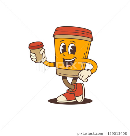 Smiling Coffee Cup Mascot Holding Small Cup With Red Lid On Orange Body Friendly Pose Vector Illustration Smiling Coffee Cup Mascot Holding Small Cup With Red Lid On Orange Body Friendly Pose Vector Illustration 129013408