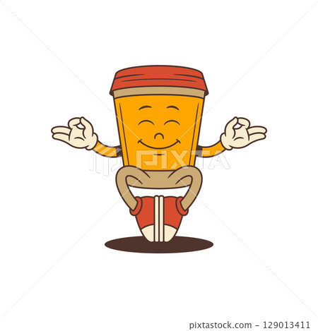 Cheerful Coffee Cup Mascot With Red Lid Calmly Meditating In Peaceful Pose Vector Illustration 129013411