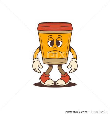 Sad Coffee Cup Mascot With Red Lid Standing With Dropped Hands And Upset Face Vector Illustration Sad Coffee Cup Mascot With Red Lid Standing With Dropped Hands And Upset Face Vector Illustration 129013412