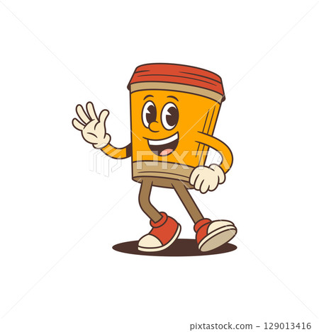 Orange Coffee Cup Mascot Standing Waving Hand Friendly Character For Coffee Shops Vector Illustration 129013416