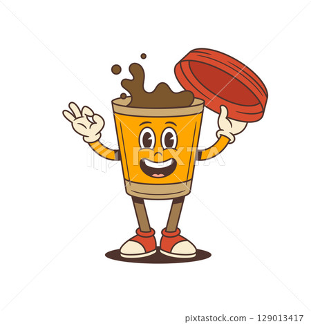 Cheerful Orange Coffee Cup Mascot Holding Lid Like Hat Showing Okay Gesture Vector Illustration 129013417