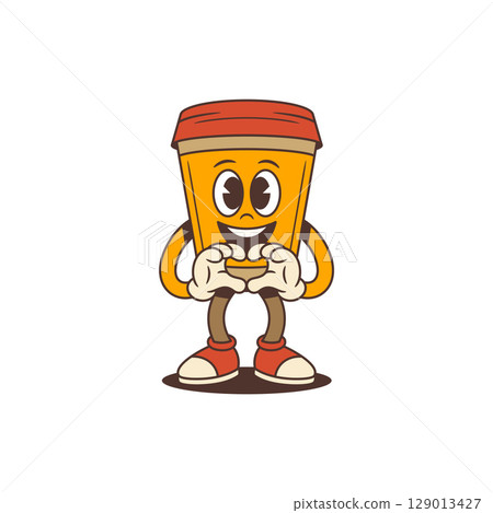 Orange Coffee Cup Mascot Showing Heart Hand Gesture with Red Lid for Cafe Branding Vector Illustration Orange Coffee Cup Mascot Showing Heart Hand Gesture with Red Lid for Cafe Branding Vector Illustration 129013427