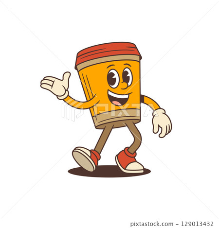 Happy Orange Coffee Cup Mascot Waving Hand In Retro Cartoon Style Vector Illustration Happy Orange Coffee Cup Mascot Waving Hand In Retro Cartoon Style Vector Illustration 129013432