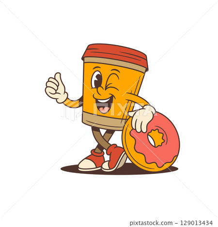 Smiling Coffee Cup Mascot Winking Leaning On Pink Donut Showing Thumbs Up Vector Illustration Smiling Coffee Cup Mascot Winking Leaning On Pink Donut Showing Thumbs Up Vector Illustration 129013434