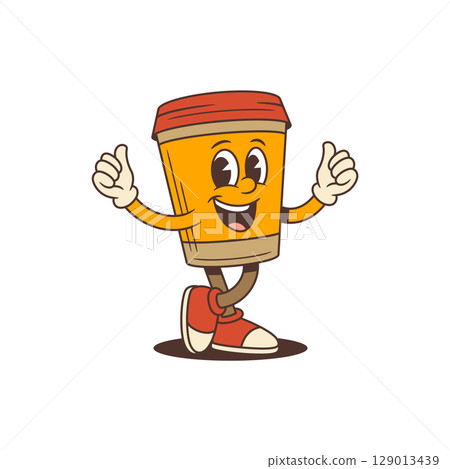 Happy Coffee Cup Mascot Showing Thumbs Up With Both Hands In Cartoon Style Vector Illustration 129013439