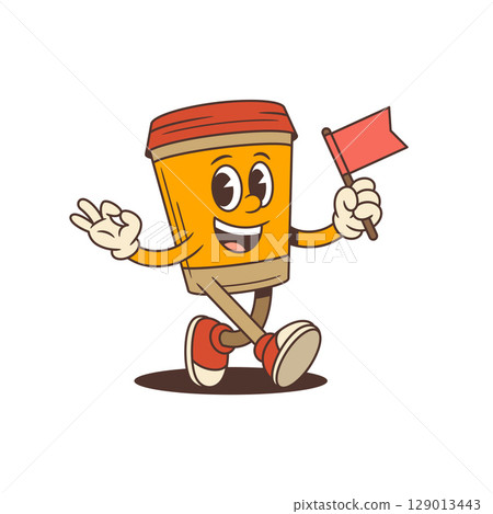 Playful Coffee Cup Mascot Cheerfully Waving Flag Vector Illustration 129013443