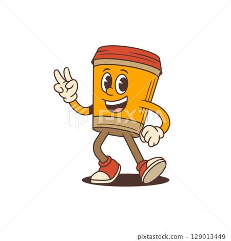 Smiling Coffee Cup Mascot Making Victory Hand Sign In Retro Cartoon Style Vector Illustration 129013449