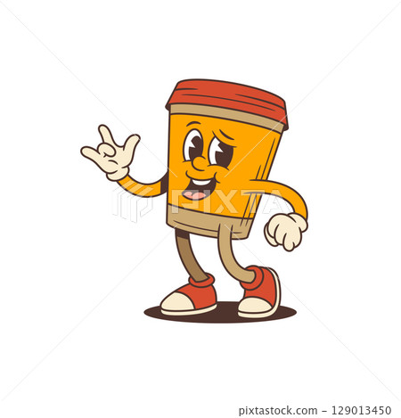Playful Coffee Cup Mascot Showing ILY Hand Gesture In Retro Cartoon Style Vector Illustration 129013450