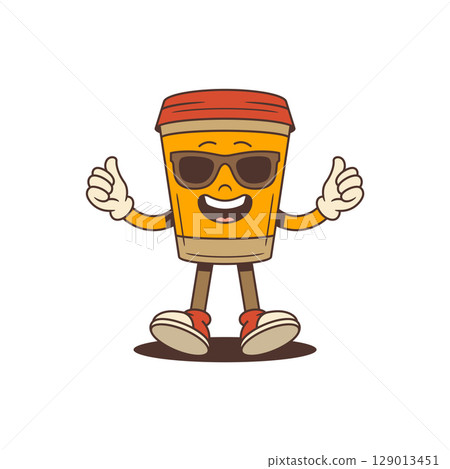 Cool Coffee Cup Mascot Wearing Sunglasses Giving Thumbs Up With Both Hands Vector Illustration 129013451