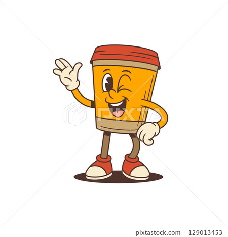 Winking Coffee Cup Mascot Waving Hand With Cheerful Smile In Retro Cartoon Style Vector Illustration 129013453