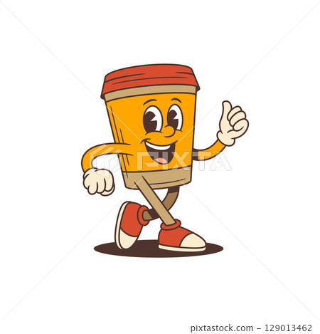 Energetic Orange Coffee Cup Mascot Character Running With Thumbs Up In Red Sneakers Vector Illustration 129013462
