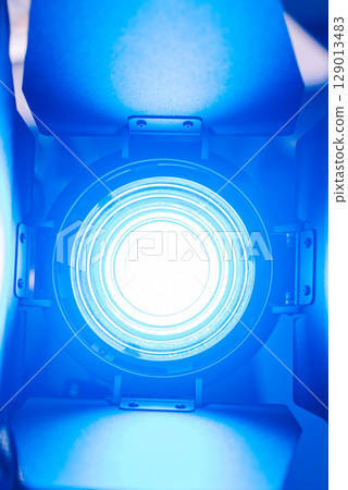 Powerful blue light source. Continuous light spotlight. Professional stage monoblock with curtains. Narrow beam light source. Lighting equipment, Fresnel lens 129013483