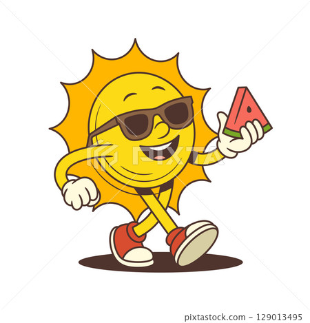 Happy Cartoon Sun Mascot Wearing Sunglasses Holding Watermelon Slice Summer Vector Illustration Happy Cartoon Sun Mascot Wearing Sunglasses Holding Watermelon Slice Summer Vector Illustration 129013495